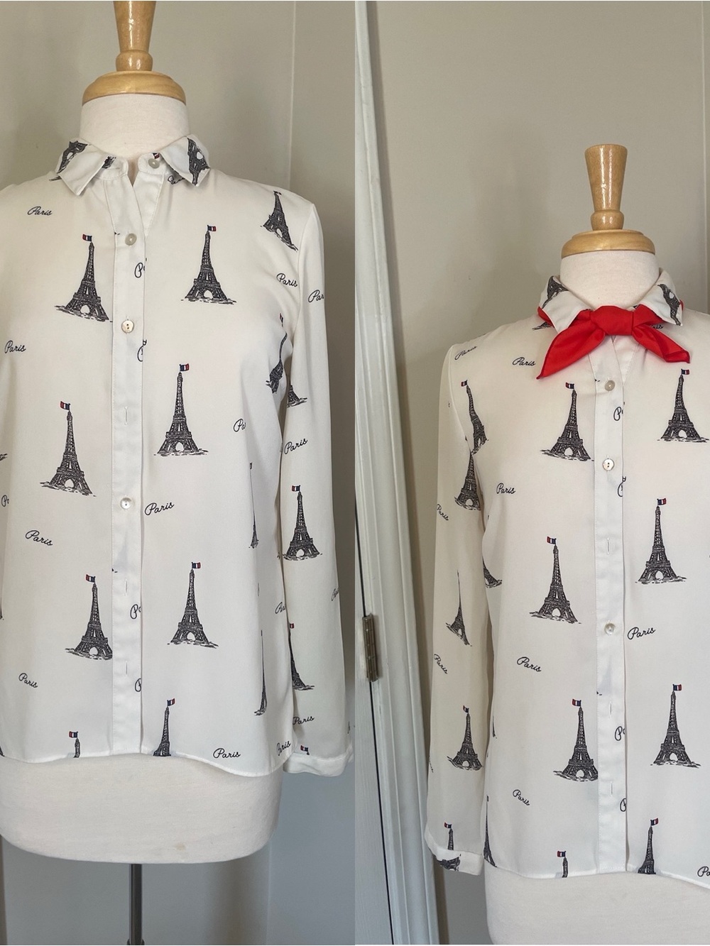 Forever 21 Paris Eiffel Tower White Button-Down Blouse Medium